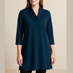 SYMPLI v-neck shawl collar tunic dress side slits ruched sleeves teal size 18